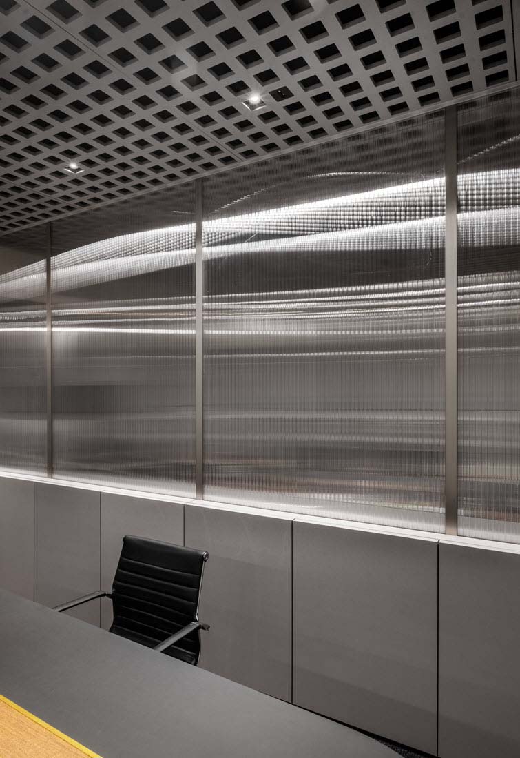 cabinets and ceiling built up with Unilin panels in Meteor Grey